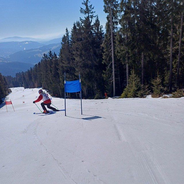 Ein Skifahrer in einem roten und weißen Outfit fährt einen verschneiten Hang hinunter, vorbei an einer blauen Flagge und umgeben von Kiefern und einem klaren blauen Himmel.
