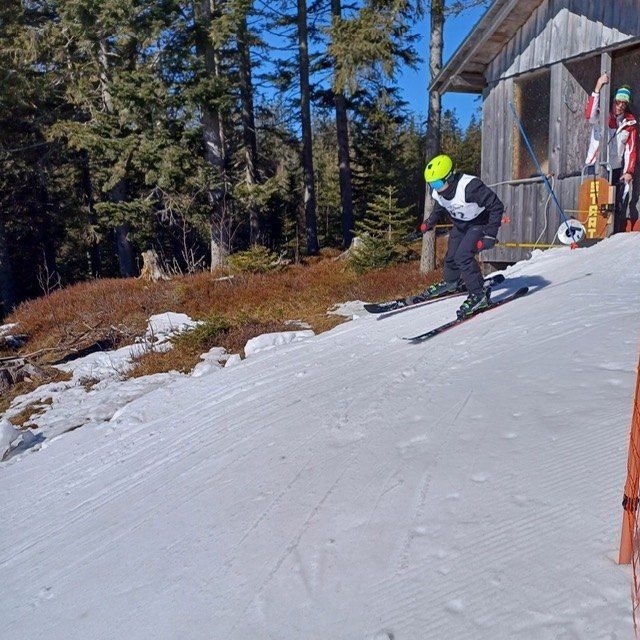 Ein Skifahrer mit grünem Helm fährt einen schneebedeckten Hang hinunter, mit Bäumen und einem Gebäude im Hintergrund.