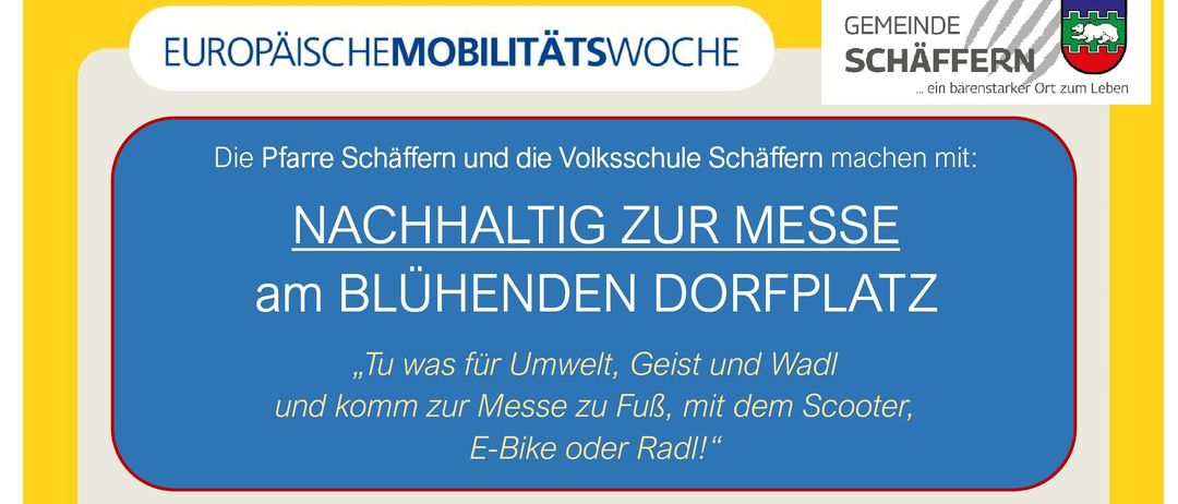 Plakat für eine nachhaltige Messe am blühenden Dorfplatz. Es zeigt verschiedene umweltfreundliche Transportmittel. Datum und Ort sind angegeben.