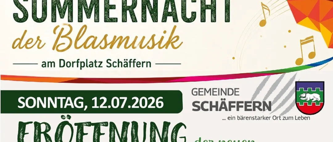 Plakat für eine Veranstaltung am 11. und 12. Juli 2026 mit Blasmusik, einer Trompeten-Ikone und der Ankündigung der Eröffnung neuer Betreuungsräume.
