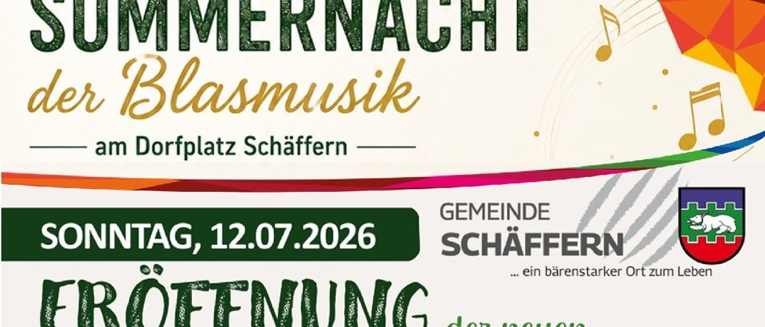 Plakat für eine Veranstaltung am 11. und 12. Juli 2026 mit Blasmusik, einer Trompeten-Ikone und der Ankündigung der Eröffnung neuer Betreuungsräume.