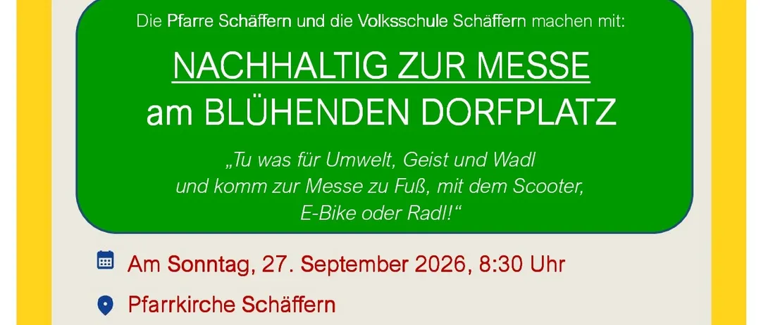 Plakat für eine nachhaltige Messe am blühenden Dorfplatz, mit Datum, Uhrzeit und Ort. Es hebt die Beteiligung der Kinder, alternative Fortbewegungsmittel und einen von Kindern gestalteten 'blühenden Dorfplatz' hervor.