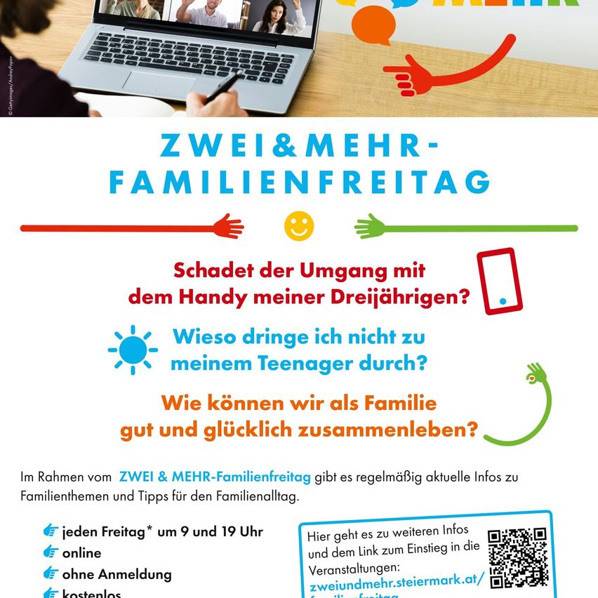 Eine Werbung für die Veranstaltung Zwei & Mehr-Familienfreitag zeigt eine Familie in einem Videoanruf mit Fragen zum Familienleben und Tipps für den Familienalltag.