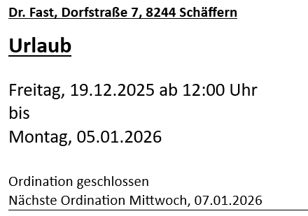 Ein Text, der einen Urlaub vom Freitag, 19.12.2025, ab 12:00 Uhr bis Montag, 05.01.2026 anzeigt. Es wird auch erwähnt, dass die Bestellung geschlossen ist, mit der nächsten Bestellung am Mittwoch, 07.01.2026.