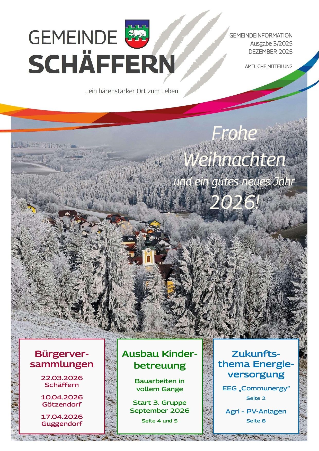 Plakat mit einer Winterlandschaft mit schneebedeckten Bäumen. Es wirbt für ein frohes Weihnachten und ein gutes neues Jahr 2026. Das Plakat enthält einen Aufruf zu Bürgerversammlungen, Kinderbetreuung und zukünftiger Energieversorgung.