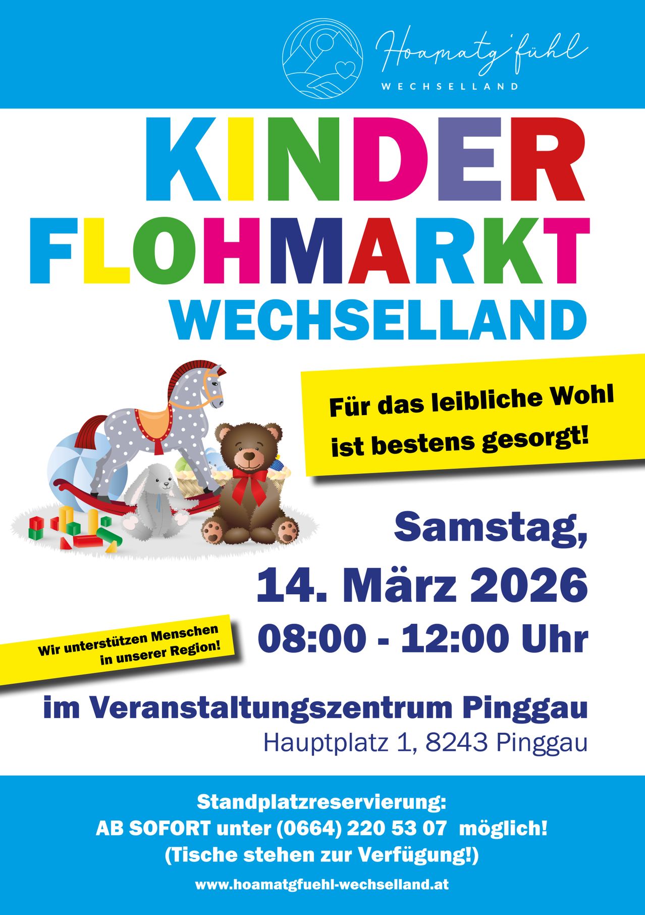 Poster for a children's flea market in Wechselland, Germany. Features toys, a horse, and a bear. Scheduled for March 14, 2026, from 08:00 to 12:00. Location: Pinggau Event Center, Hauptplatz 1, 8243 Pinggau.