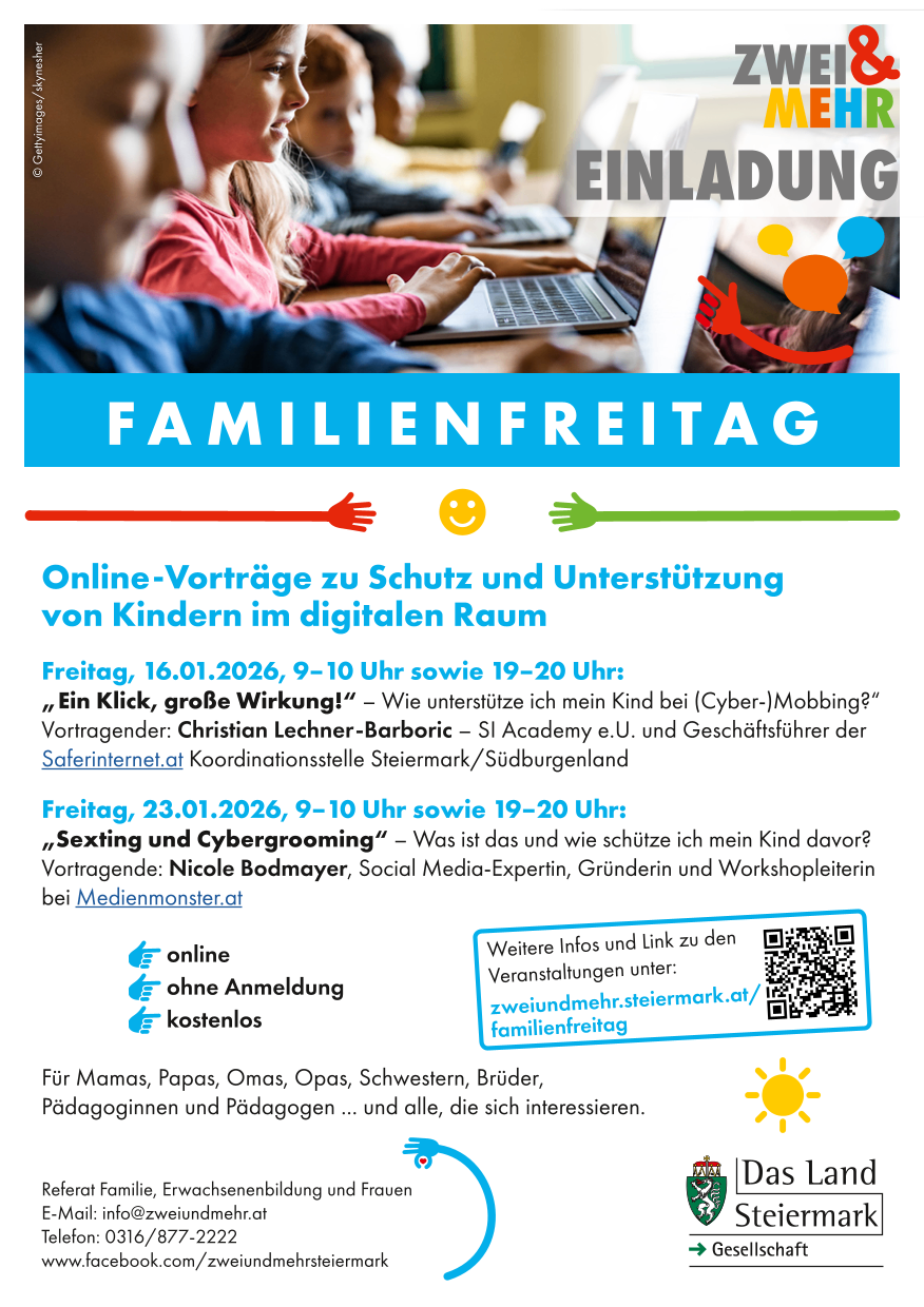 Poster for Familienfreitag event. Online talks on protecting and supporting children in digital spaces. Dates: Fri, 16.01.2026, 9-10 & 19-20; Fri, 23.01.2026, 9-10 & 19-20. Online, no registration required, free.