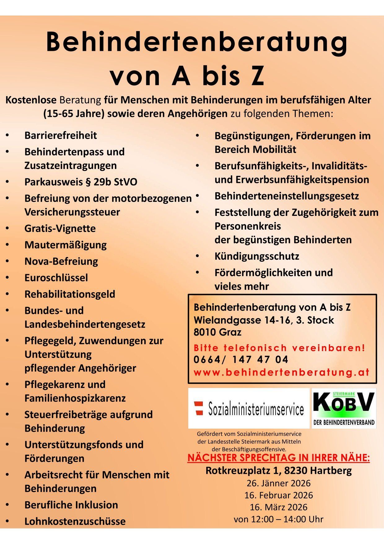 Das Poster bietet kostenlose Beratung für Menschen mit Behinderungen im erwerbsfähigen Alter (15-65 Jahre) und deren Angehörige zu Themen wie Barrierefreiheit, Behindertenpass, Parken, Steuerbefreiung, Beratung, Behindertenrente, Invaliditätsversicherung und mehr. Kontakt per Telefon oder Webseite.