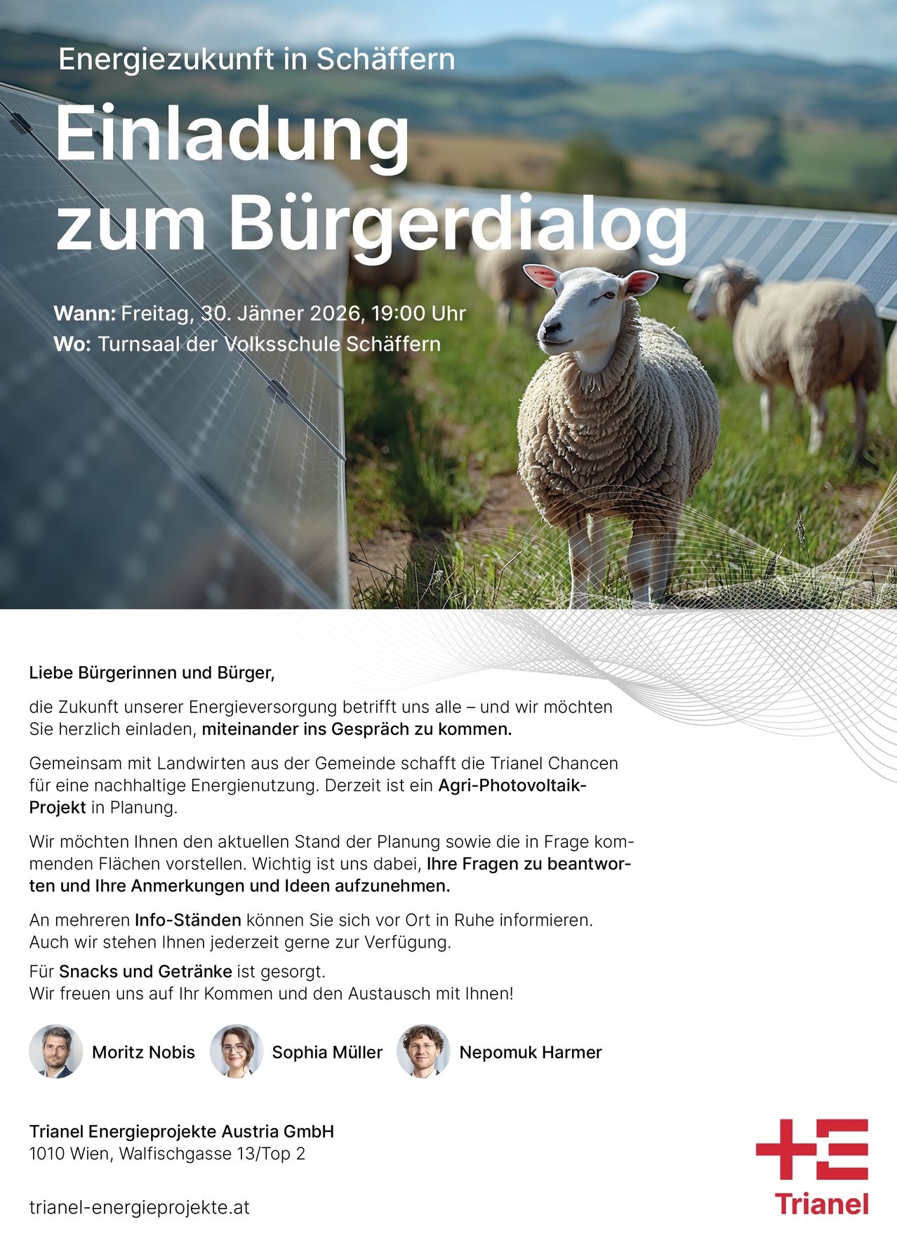 Veranstaltungsposter mit Solarmodulen und Schafen. Es steht: Zum Bürgerdialog. Wann: Freitag, 30. Jänner 2026, 19:00 Uhr. Wo: Turnsaal der Volksschule Schäffern. Einladung zur Diskussion über zukünftige Energieversorgung.