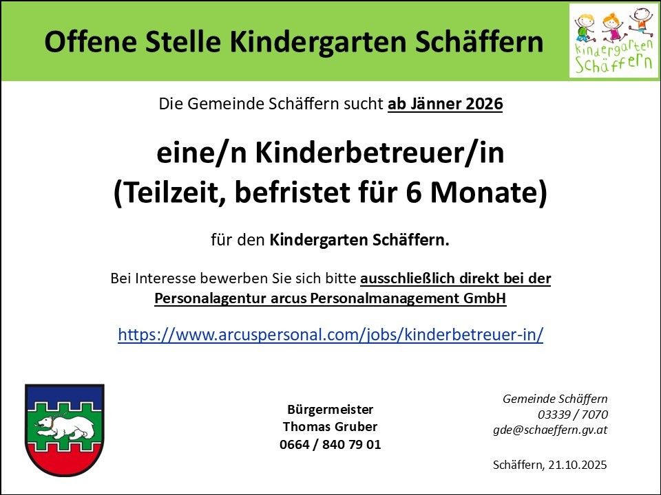 Plakat für eine Teilzeitstelle als Kinderbetreuer/in im Kindergarten in Schaffern, Deutschland, ab Jänner 2026. Bewerbungen bitte direkt bei der Personalagentur arcus Personalmanagement GmbH.