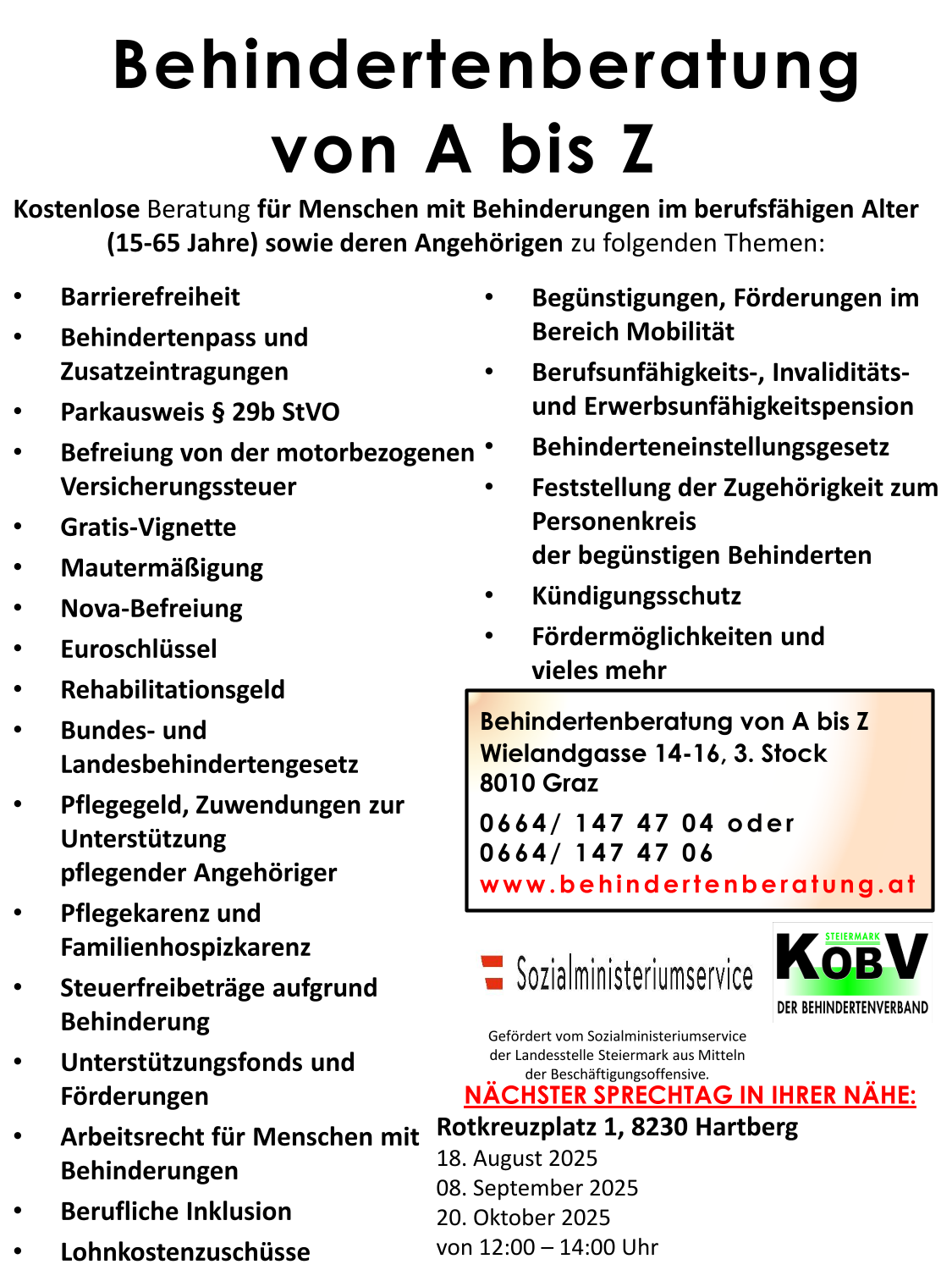 Das Bild bewirbt kostenlose Beratung für Menschen mit Behinderungen im erwerbsfähigen Alter (15-65) und deren Angehörige zu verschiedenen Themen wie Barrierefreiheit, Förderungen und Mobilität. Kontaktdaten sind angegeben.
