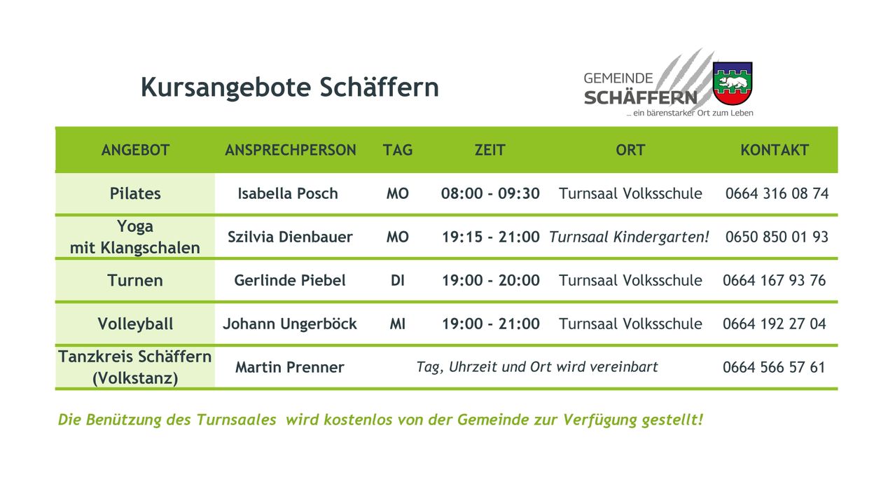 Tabelle mit Ansprechpartnern, Tagen, Zeiten und Orten für verschiedene Aktivitäten. Isabella Poschis verfügbar am Montag von 08:00 bis 09:30 im Turnsaal Volksschule.