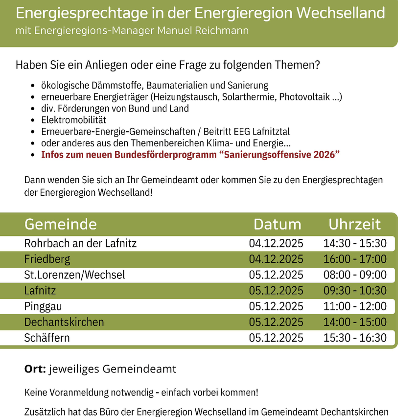 Energiesprechtage in der Energieregion Wechselland mit Energieregions-Manager Manuel Reichmann. Wenden Sie sich an Ihr Gemeinderat oder kommen Sie zu den Energiesprechtagen der Energieregion Wechselland!