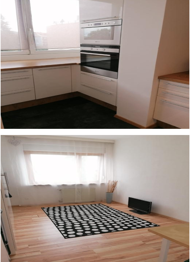 Two pictures of a small kitchen. One with a large window and the other with a window and a rug on the floor.