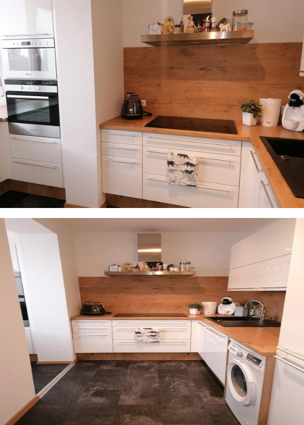 Two views of a modern kitchen with wooden countertops and white cabinets. One view shows an oven and a washing machine.