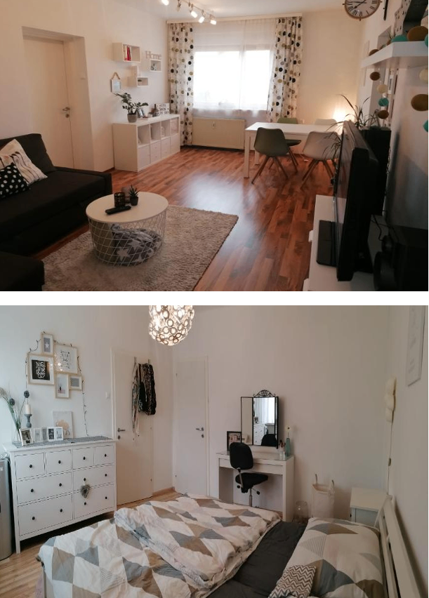 Two photos of a small apartment. The first image shows a living room with a sofa, coffee table, and TV. The second image displays a bedroom with a bed, dresser, and desk.