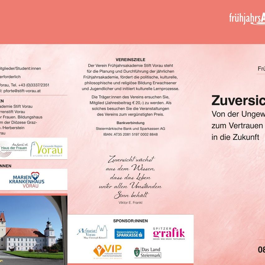 Ein Bild eines Dokuments zeigt den Jahresplan der Fruhjahrsakademie Stift Vorau, einer Bildungseinrichtung mit Schwerpunkt auf politischer, kultureller, philosophischer und religiöser Bildung für Studenten und Jugendliche. Es enthält Sponsoren und einen Aufruf zur Mitgliedschaft.
