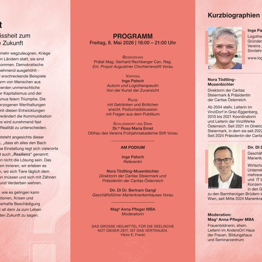 Die Veranstaltung bietet eine Diskussion über die Zukunft, wobei Redner Themen wie Krieg, Konflikte, Demokratie, Kapitalismus und gesellschaftliche Veränderungen ansprechen. Die Veranstaltung beinhaltet einen Vortrag von Nora Tödling-Musenbichler, Direktorin der Caritas Steiermark und Präsidentin der Caritas Österreich, und eine Rede von Inge Patch, einer Expertin für die Kunst der Versicherung.