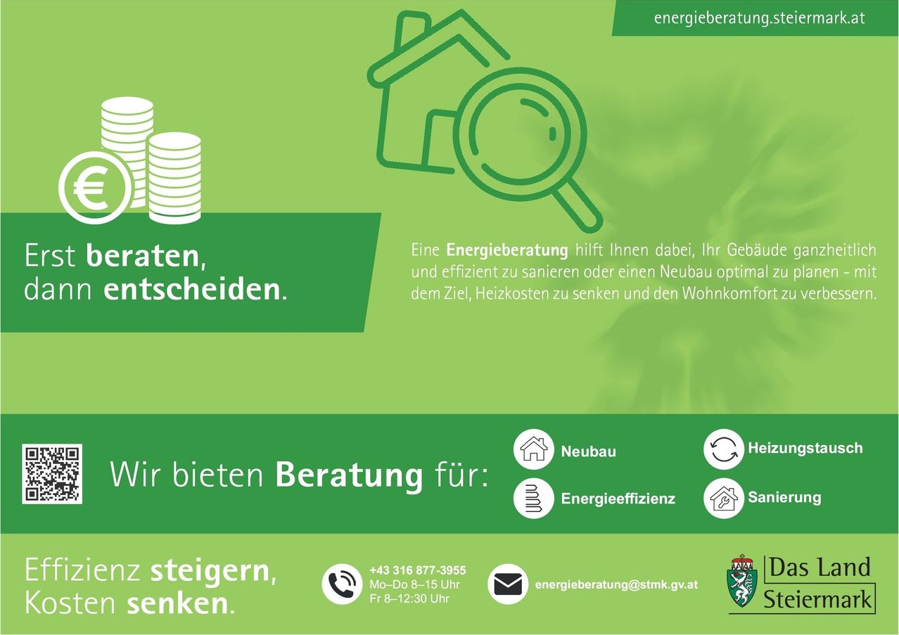 An advertisement for energy consulting. It features a magnifying glass over a house icon, stacks of coins, and a house. It offers consulting for new construction and energy efficiency. Contact number and email are provided.