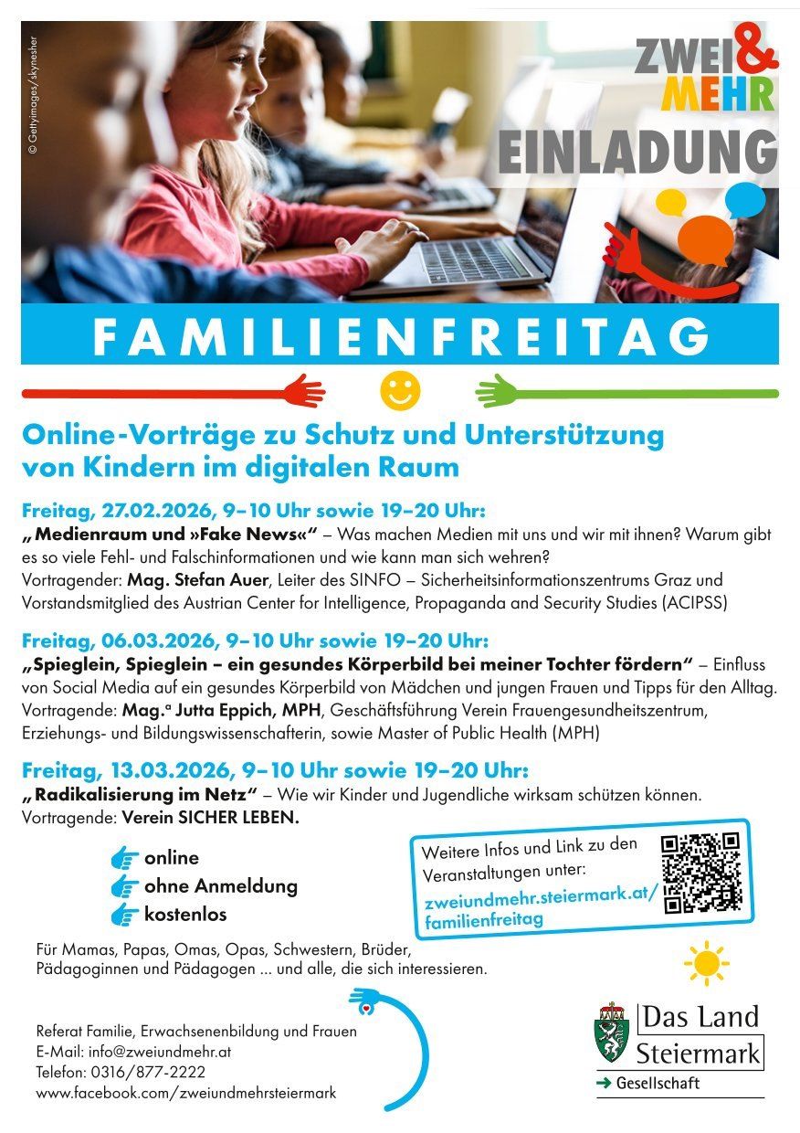 Poster for a family day event, featuring three online lectures on protecting and supporting children in the digital space. The dates, times, and topics are listed. The lectures include discussions on media space, fake news, and healthy body image on social media.