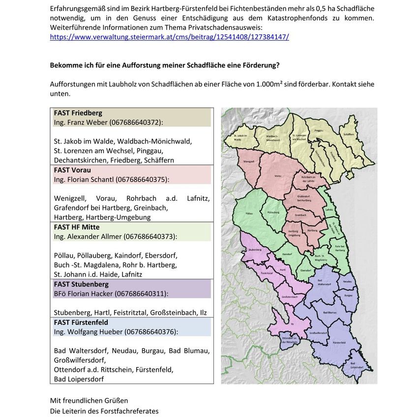 The image displays a map and accompanying text regarding flood risk areas in Hartberg-Fürstenfeld, Styria. It includes names of individuals and locations, flood risk areas, and a contact for further information. The map is divided into sections with different flood risk levels.