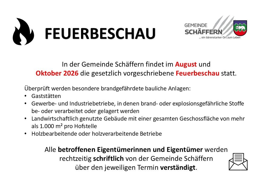 An informational poster from the Gemeinde Schaffern announces a legally mandated fire inspection in August and October 2026. It highlights the inspection of fire-hazardous facilities, including industrial sites and buildings with a floor area of 1,000 square meters or more. Owners will be notified in writing.