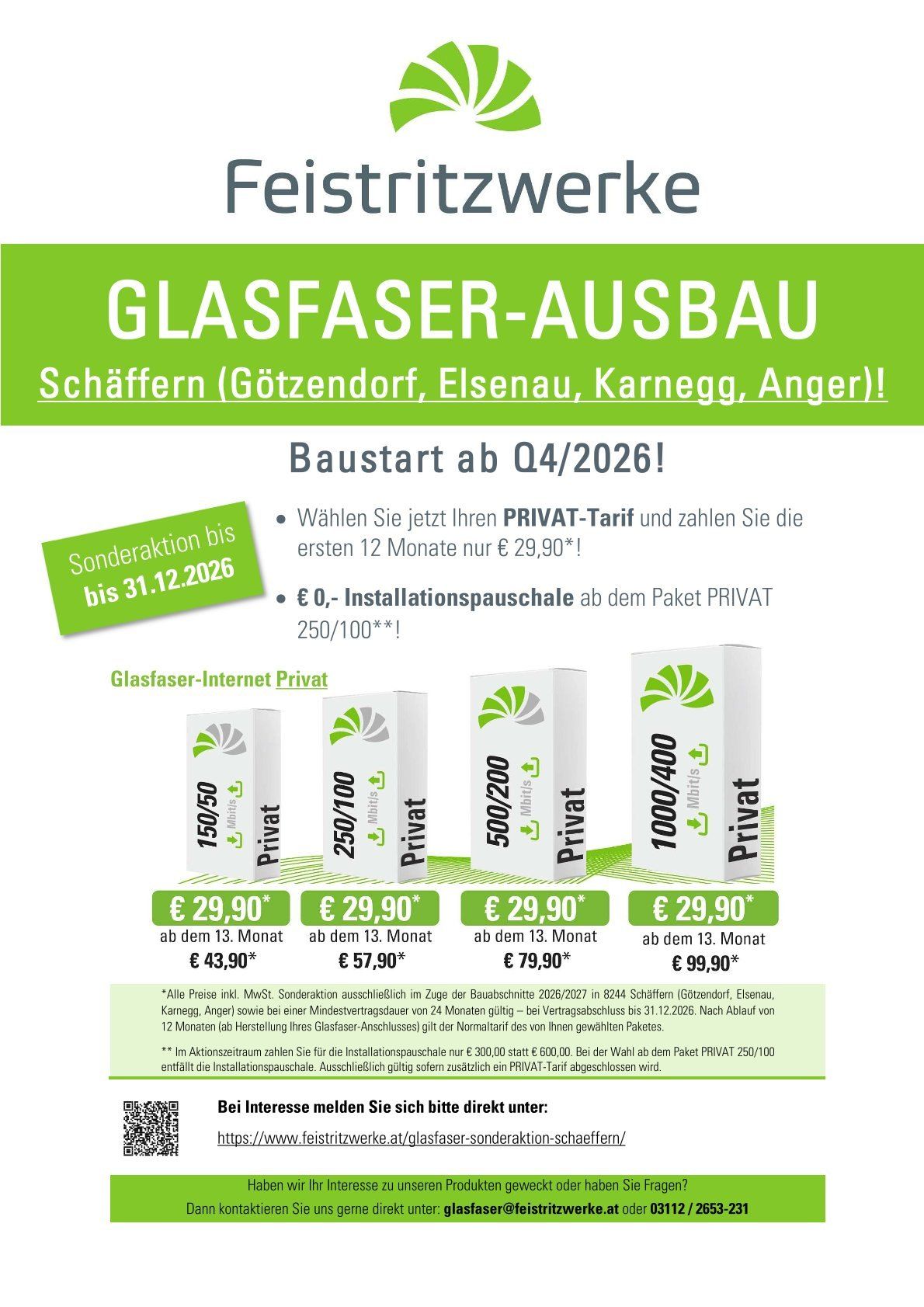Werbung für Glasfaser-Internetdienste von Glasfaser-Ausbau, die einen Sonderpreis für die ersten 12 Monate und Installationsgebühren anbieten. Das Angebot gilt bis zum 31. Dezember 2026.