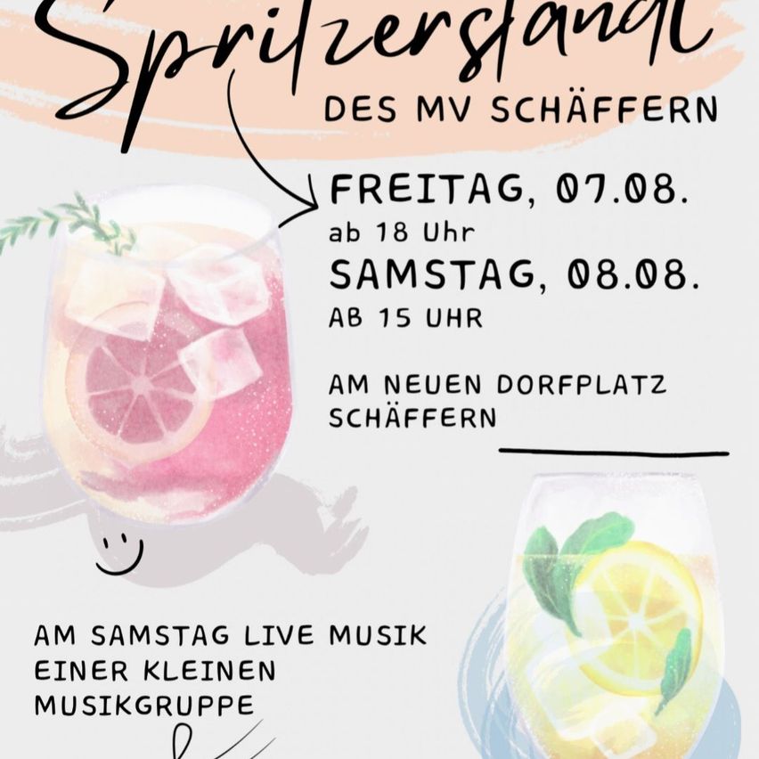 Ein Plakat für die Veranstaltung Spritzerstand mit zwei Getränken, eines mit einer Grapefruitscheibe und das andere mit einer Zitronenscheibe, zusammen mit Veranstaltungsdetails auf Deutsch.