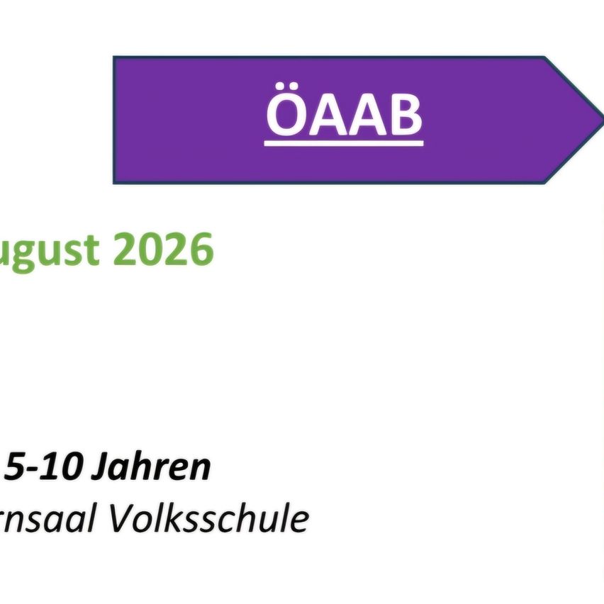 Ein lilafarbener Banner mit weißem Text, der 'OAAB' und darunter 'August 2026', '5-10 Jahren' und 'nssaal Volksschule' lautet. Der Banner hat einen weißen Pfeil, der nach rechts zeigt.