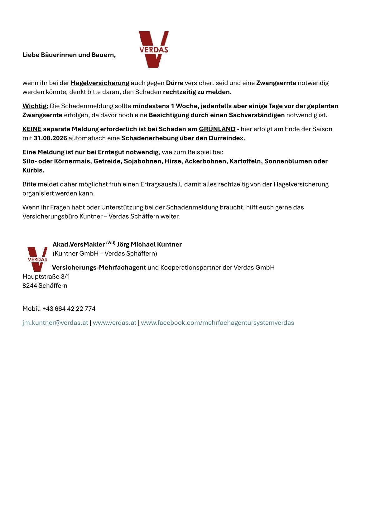 Ein Dokument mit Anweisungen zur Meldung von Schäden an Hagelversicherung, einschließlich einer Kontaktnummer und E-Mail für Unterstützung.