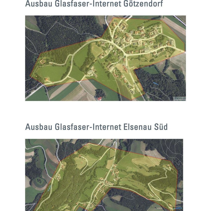 Two aerial maps showing the development of the Glasfaser-Internet network in Gotzendorf and Elsenau Sud, with green fields, red lines indicating the network, and buildings highlighted.