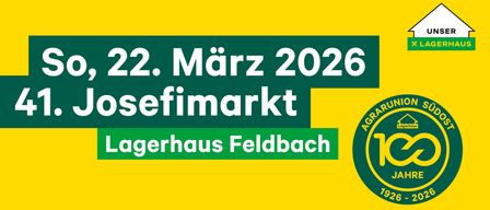 Ein Werbeplakat für einen Bauernmarkt bei Aggerhaus Feldbach am 22. März 2026 mit grün-gelbem Hintergrund.