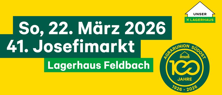 Ein Werbeplakat für einen Bauernmarkt bei Aggerhaus Feldbach am 22. März 2026 mit grün-gelbem Hintergrund.
