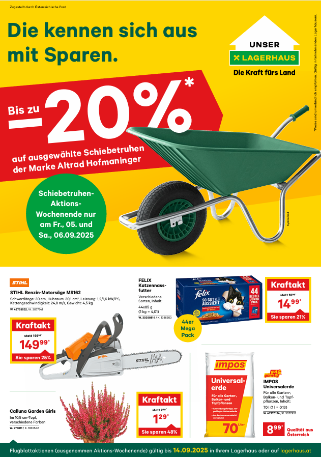 Ein Werbebanner für 'Kraftakt' mit einer Schubkarre und Produkten mit Rabatten bis zu 20%, gültig für ausgewählte Schiebetrucks von Altrad Hofmanninger. Die Produkte umfassen eine Kettensäge, Katzenfutter und Gartenzubehör. Die Rabatte gelten an bestimmten Terminen.