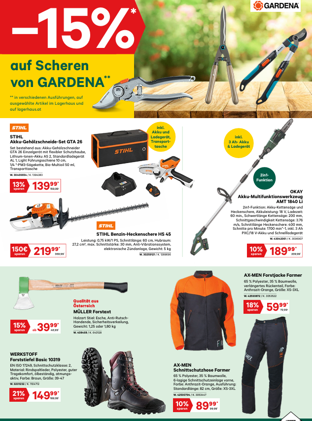 Werbung für GARDENA-Produkte. Angebote umfassen 15% Rabatt auf Scheren, ein Akku-Heckenscheren-Set und ein multifunktionales Akku-Werkzeug. Spezifikationen und Preise sind aufgeführt.
