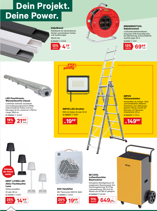 Werbeflyer mit Produktbildern und Beschreibungen. Merkmale sind eine LED-Schienenleuchte, eine Leiter, ein tragbarer Luftheizer und eine Lampe. Jedes Produkt hat einen Preisschild und einen Aktionsrabatt.