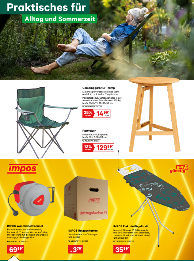 Ein Bild zeigt einen Liegestuhl mit einer darauf sitzenden Person. In der Nähe befinden sich Gegenstände wie ein Klappstuhl, ein Hocker und ein Tisch. Das Bild enthält Produktdetails in Deutsch.