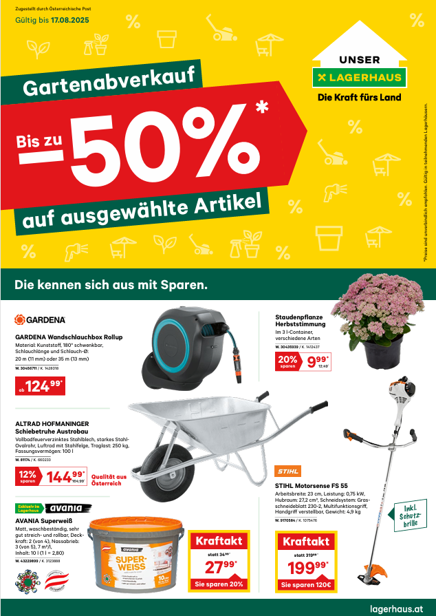 Gartenverkauf bis zu 50% Rabatt auf ausgewählte Artikel. Gardena Wasserkasten, Stihl Motorsensen F 55 und AVANI Supererde. Rabatte bis zu 50% in unserem Lagerhaus.