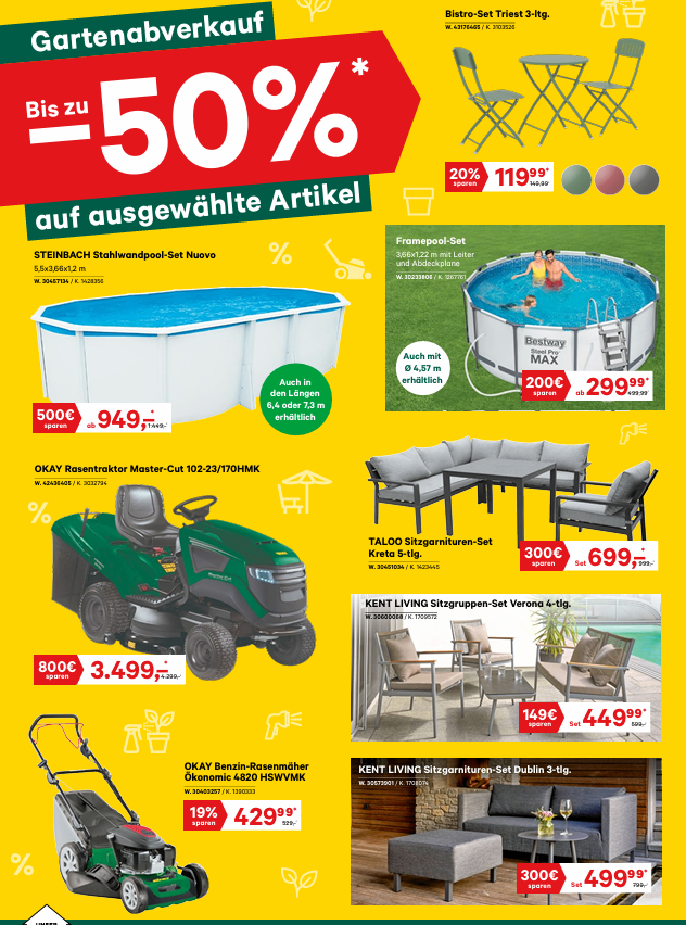 Werbung für saisonale Produkte, einschließlich Pool-Sets, ein Rasenmäher und Gartenmöbel. Rabatte von bis zu 50% werden auf ausgewählte Artikel angeboten. Die Preise wurden vom ursprünglichen auf reduzierte Werte gesenkt.