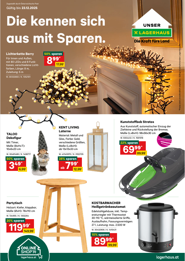 Werbung für eine Lichterkette mit 80 LEDs und 8 Funktionen, 8 m Länge, 5 m Kabel, 50% Rabatt für 8,99 Euro. Eine automatische Kerzenlaterne, Gold und Glas, 38% Rabatt für 7,99 Euro. Ein runder Holzhocker, 20% Rabatt für 119,99 Euro. Ein elektrischer Wasserkocher mit Thermostat, 10% Rabatt für 29,99 Euro.