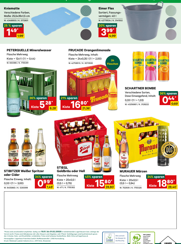 The advertisement displays various beverages including mineral water, orange lemonade, cider, beer, and alcohol. Each product shows its price, discount, and weight. Products are arranged in organized boxes and crates.