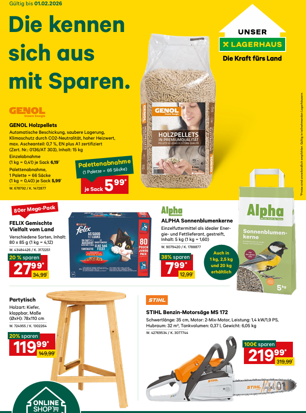 Advertisement for Genol wood pellets, featuring a woman holding a bag. Prices for wood pellets and Alpha sunflower seeds. Offer for Felix cat food and a stool with a 20% discount. STihl chainsaw with a 100% discount.