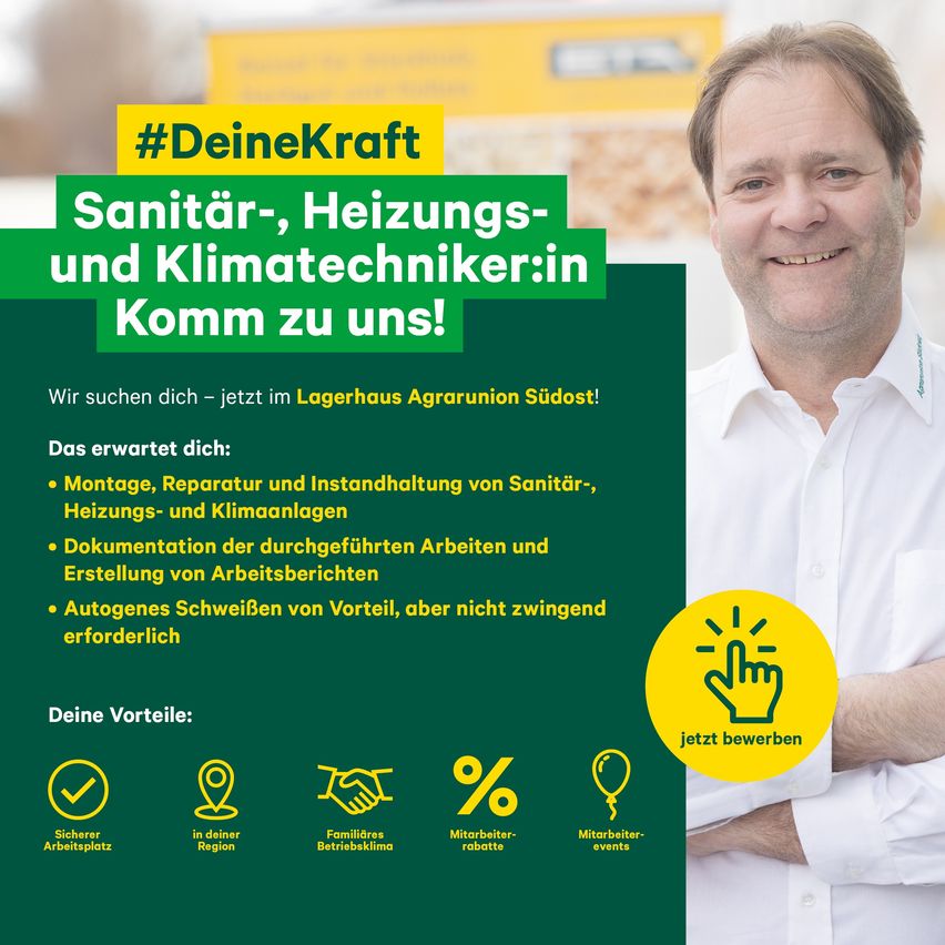 A man in a white shirt stands smiling with arms crossed. The image is a job advertisement for sanitary, heating, and climate technicians. It highlights benefits like job security, family-friendly work environment, and company events.