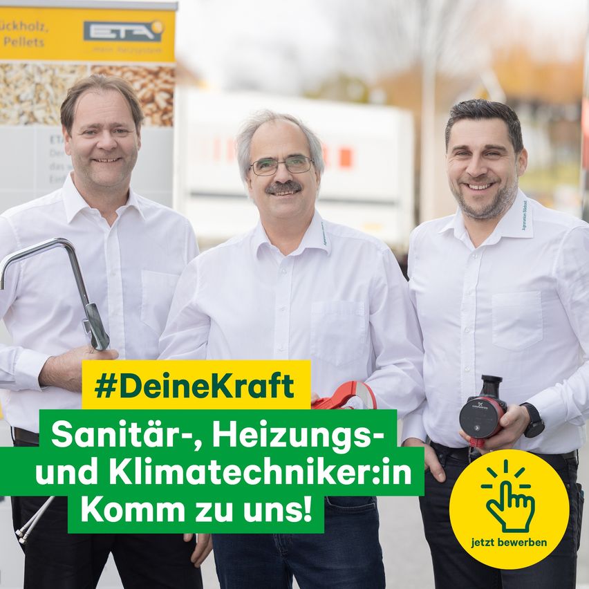 Three men in white shirts and black pants stand next to each other. They are smiling and seem to be posing for a photo. The text above them reads 'Sanitär-, Heizungs-und Klimatechnikerin Komm zu uns!' There is a yellow banner behind them with the hashtag '#DeineKraft'.