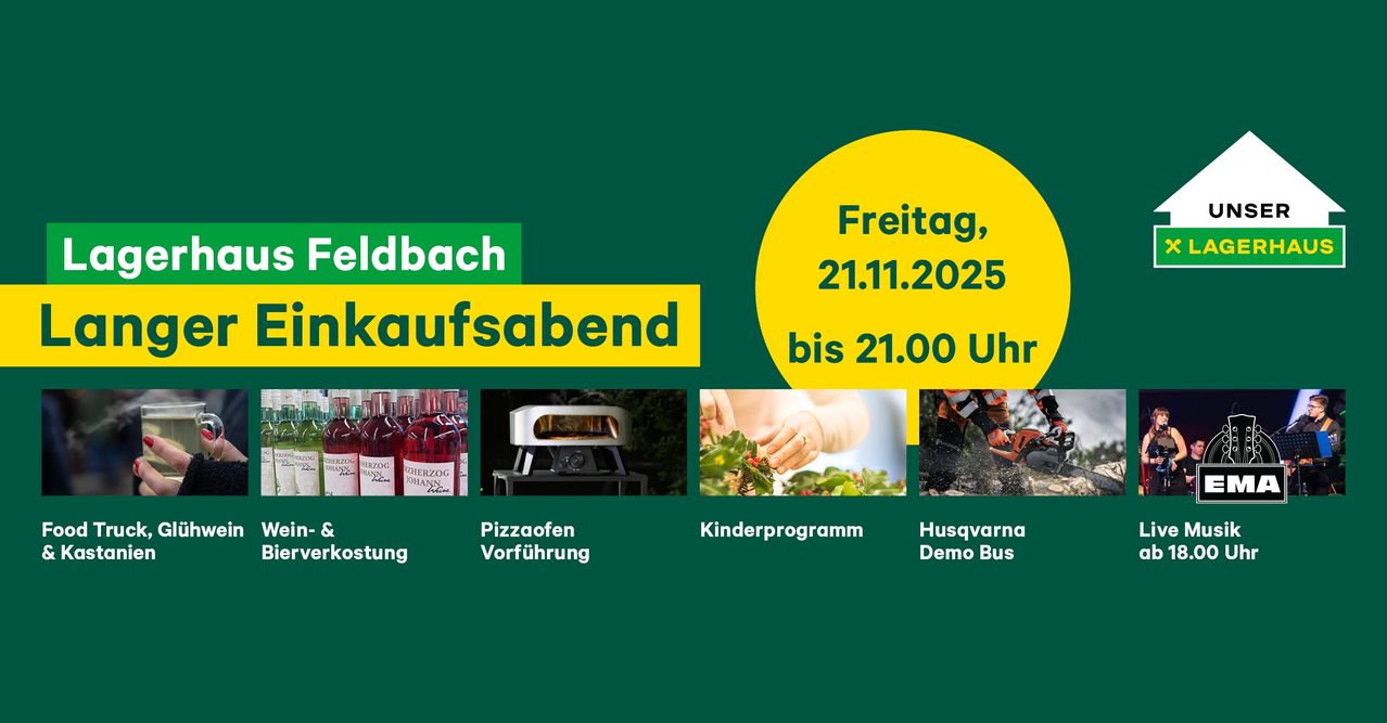 Plakat für eine Veranstaltung am 21. November 2025. Es hat einen grünen Hintergrund, einen gelben Rand und einen gelben Kreis mit dem Text Freitag, 21.11.2025 bis 21:00 Uhr. Darunter sind Bilder von Pizzaöfen, Kinderprogrammen und einem Husqvarna-Demobus.