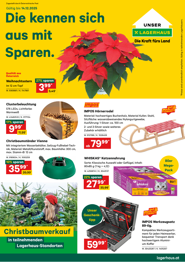 Werbeanzeige für Weihnachtsbaumbeleuchtung und Zubehör, mit einer roten Christsternblume, Rabatten und Produktdetails. Es enthält Clusterbeleuchtung, einen Weihnachtsbaumständer, eine Katzentoilette und einen Werkzeugsatz. Preise und Einsparungen sind aufgeführt.