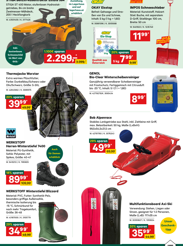 Rasenmäher mit kostenloser Lieferung. Extra warme Winterjacke mit Pelzkragen. Bio-klarer Winterscheibenreiniger. Herren Schneeschaufel mit Griff. Herren Winterstiefel mit Spikes. Multifunktions-Snowboard.