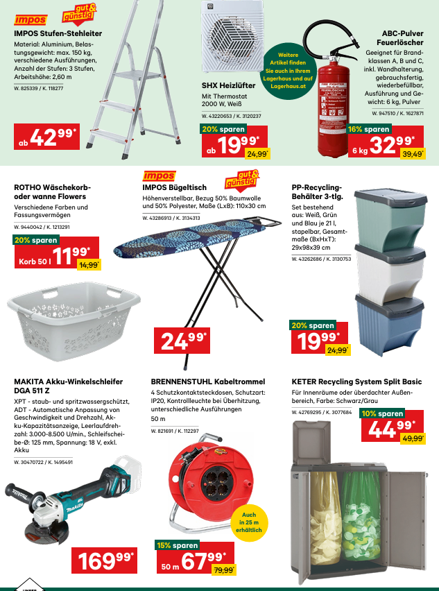 Rotho Wäschekorb in verschiedenen Farben und Größen. W: 9440042. Brennstuhl Kabeltrommel mit 4 Steckdosen, Kontrollleuchte und 50 m Kabel. W: 821691. Keter Recycling-System Split Basic für Innen- oder Außenbereich. W: 42769295.