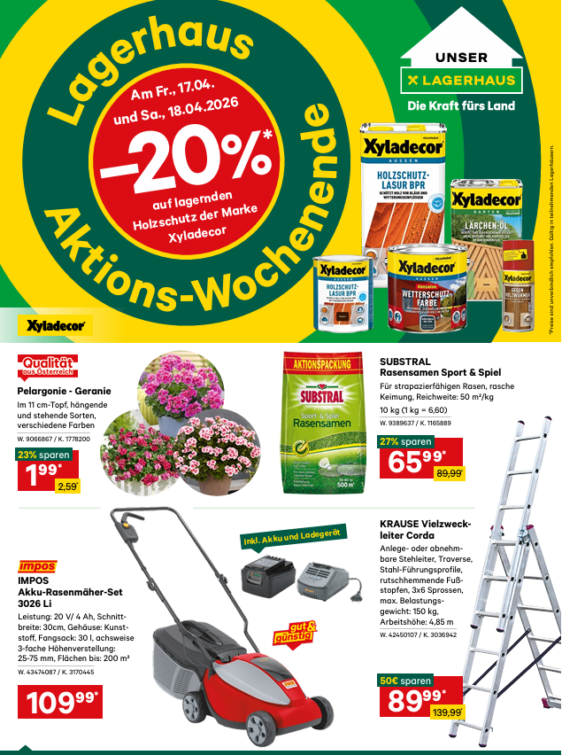 Werbung für Lagerhaus mit 20% Rabatt auf Holzschutzprodukte. Enthält ein rotes Schild mit Prozentsätzen und Daten. Zeigt verschiedene Produkte wie Xyladecor, Substral und einen Rasenmäher. Beinhaltet Rabatte und Preise.