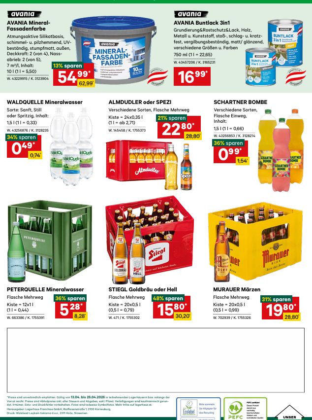 Werbeanzeige für Mineralwasser und Bier. Angebote beinhalten Rabatte auf verschiedene Marken von Mineralwasser und Bier. Verschiedene Größen und Preise sind angegeben.